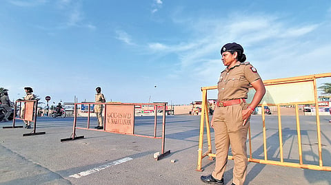 Police personnel standing guard along Marina beach promenade on Thursday as part of security arrangements to prevent any untoward incidents amid calls for student demonstrations in support of the anti-NEET protests