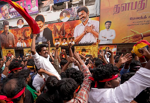 Fans celebrate during the theatrical release of film 'Jana Nayagan' starring actor and Tamil Nadu Chief Minister C Joseph Vijay, in Chennai, Thursday, July 23, 2026.