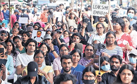 Members of women’s and transgender organisations JAC take part in a protest at Dharna Chowk in Hyderabad on Thursday, demanding justice, accountability and an end to the alleged systemic corruption in education system.