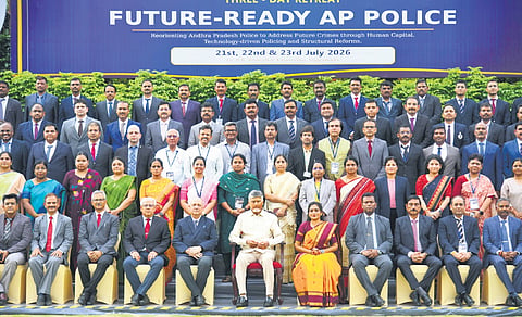 CM Nara Chandrababu Naidu during Future Ready AP Police Retreat-2026 at the Ambedkar Kala Vedika in Vijayawada on Thursday.