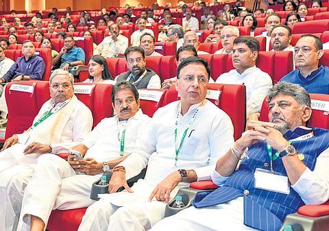 (From right) CM DK Shivakumar, AICC General Secretaries Randeep Singh Surjewala and KC Venugopal and former CM Siddaramaiah during Sangathan Srijan Abhiyan, a nationwide organisational rebuilding initiative, in Bengaluru on Friday.