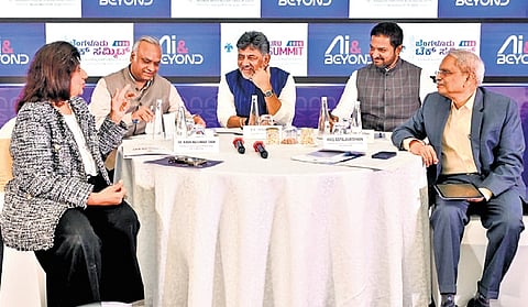 Chief Minister D K Shivakumar and IT-BT Minister Priyank Kharge in a tête-à-tête with industry leaders during a breakfast meeting on Friday.