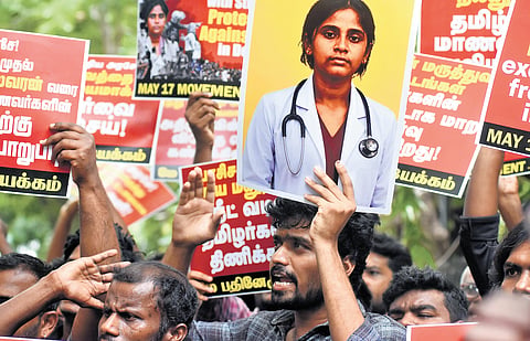 The members of May 17 Movement led by Thirumurgan Gandhi staging a demonstartion demanding the resignation of Union Education Minister Dharmendra Pradhan at Shastri Bhavan in Nungambakkam on Friday.