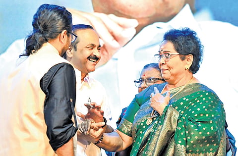 Chief Minister V D Satheesan with actor Mallika Sukumaran during the ‘Janani 2026’ programme in Kochi on Friday