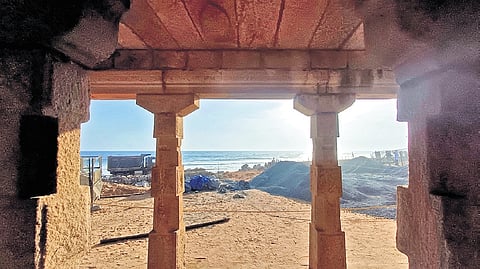 Reconstruction work under way in front of the Aarattu Mandapam at Shankhumukham beach