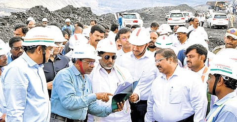 Deputy Chief Minister Mallu Bhatti Vikramarka during a visit to the Manuguru open cast mine in Kothagudem on Friday