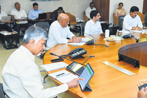 Chief Minister Nara Chandrababu Naidu during the Cabinet meeting at Secretariat in Velagapudi on Thursday I Express
