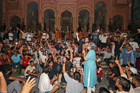 People stage a protest in support of Cockroach Janata Party's (CJP) ongoing agitation at Delhi's Jantar Mantar at Patrika Gate, Jawahar Circle, in Jaipur.