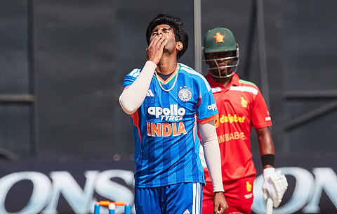 India's Mayank Yadav celebrates the wicket of Dion Myers during the first T20I against Zimbabwe in Harare on Friday