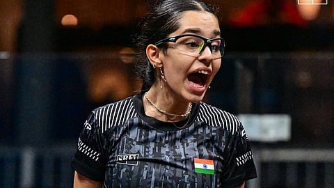 Anahat Singh reacts during a match in the tournament