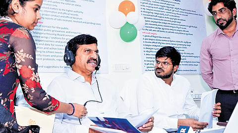 Revenue Minister Ponguleti Srinivasa Reddy launches helpline for Indiramma LIG Housing Scheme at Housing Board office in Hyderabad on Saturday