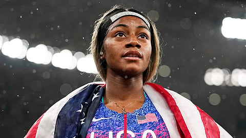 United States' Sha’Carri Richardson looks on after winning the gold medal in the women's 4X100 meters relay at the World Athletics Championships in Tokyo, September 21, 2025.