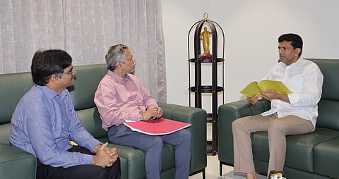 Union minister for the state Pemmasani Chandrashekar during review meeting on ongoing construction of central government projects in Amaravati.