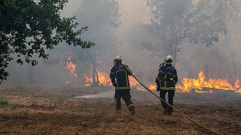 Fiirefighters spray water in a burning forest in the Lège-Cap-Ferret region, western France, Friday, July 24, 2026.