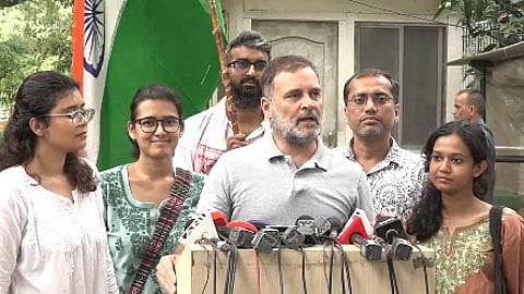 Rahul Gandhi addressing the media after meeting a group of students at his residence in New Delhi.