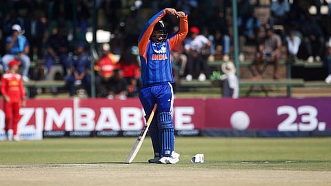India's batsman Vaibhav Sooryavanshi gestures after scoring 50 runs during the third T20 cricket match between Zimbabwe and India in Harare, Zimbabwe, Sunday, July 26, 2026.