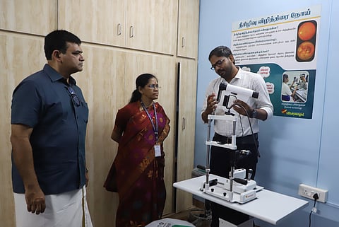 Dean Dr M. Geethanjali and Dr Krishnan Swaminathan, founder of Idhayangal Charitable Trust, inspect the newly installed fundus camera after inaugurating the specialised diabetic retinopathy care centre for children with Type 1 diabetes at Coimbatore Medical College Hospital on Saturday.