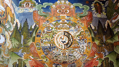Bhavachakra or the Buddhist Wheel of Life at Tawang Monastery, Tawang, Arunachal Pradesh