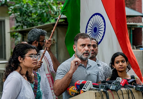 LoP in the Lok Sabha Rahul Gandhi addresses a press conference after Union Education Minister Dharmendra Pradhan resigned and took responsibility for the NEET paper leak, at Janpath, in New Delhi.
