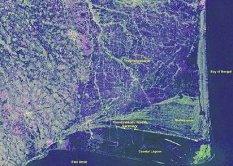 The image provides information for coastal resource management and environmental monitoring.