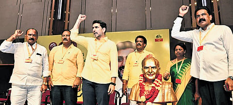 Minister for IT Nara Lokesh at the TDP cadre meeting organised in Penamaluru constituency of Krishna district on Monday.