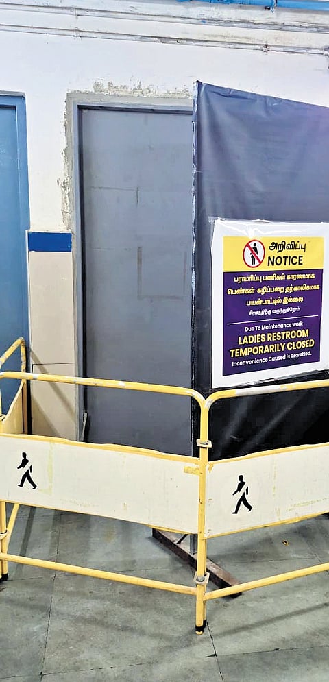 At Madras High Court Metro station, the women’s washroom has been closed for several weeks for pipe repair.