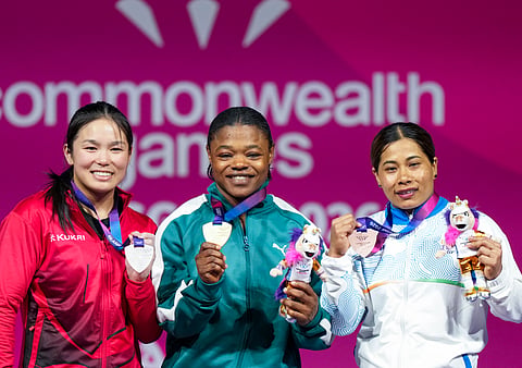 Bindyarani Devi (R) poses with the medal on Monday