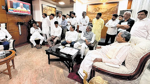 Former chief minister Siddaramaiah and Congress MLAs at Karnataka Bhavan in New Delhi on Monday.