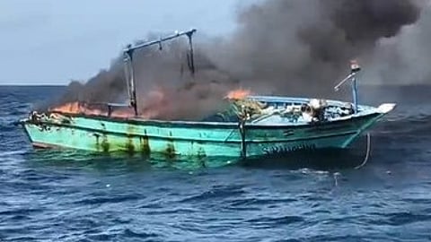 All the eight fishermen were safely shifted to a vessel even as their boat was ablaze, 160 nautical miles off the Tharuvaikulam coast.