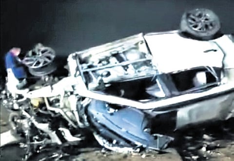 A videograb of the SUV destroyed in a blast at Hipparagi village in Bagalkot district on Saturday night