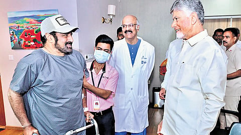 Chief Minister Nara Chandrababu Naidu meets film star and Hindupur MLA Nandamuri Balakrishna at AIG Hospital in Hyderabad on Sunday