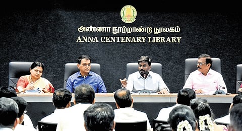 School Education Minister Rajmohan meets representatives of various teachers associations at the Anna Centenary Library in Chennai on Tuesday