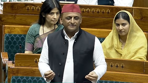 Samajwadi Party MP Akhilesh Yadav speaks in the Lok Sabha during the monsoon session of Parliament in New Delhi, Tuesday, July 28, 2026.