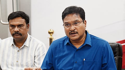 HYDRAA Commissioner Ranganath addressing media during a Annual press meet at Buddha Bhavan in Hyderabad on Saturday