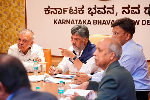 CM DK Shivakumar meets officials of law and water resources departments at Karnataka Bhavan in Delhi on Monday