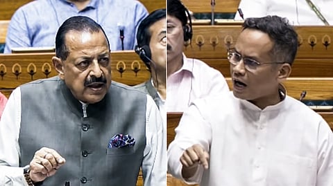 Union MoS Jitendra Singh (L) and Congress MP Gaurav Gogoi (R) speak in the Lok Sabha debate during the Monsoon Session of Parliament, in New Delhi on Tuesday, July 28, 2026.