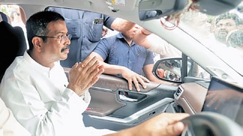 Former Union Education minister Dharmendra Pradhan on Tuesday received a rousing welcome at Biju Patnaik International Airport