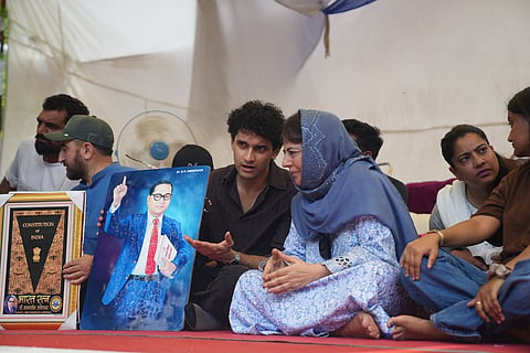 PDP chief and former Jammu and Kashmir Chief Minister Mehbooba Mufti at Jantar Mantar