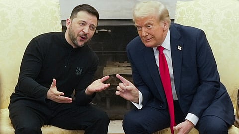 In this photo from February 28, 2025, US President Donald Trump, right, meets with Ukrainian President Volodymyr Zelenskyy in the Oval Office at the White House, in Washington.