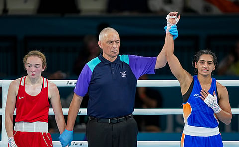 Preeti Sai Pawar 9R) after winning the quarterfinal bout on Tuesday