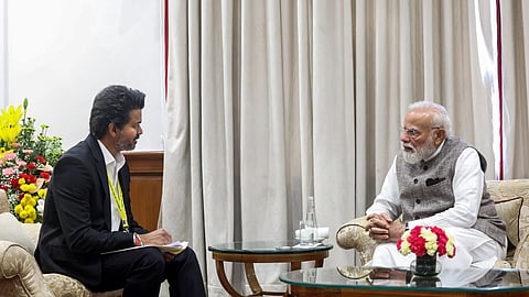 In this photo from June 11, 2026, Prime Minister Narendra Modi meets Tamil Nadu Chief Minister C. Joseph Vijay in New Delhi.