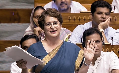 Congress MP Priyanka Gandhi Vadra speaks in the Lok Sabha during the Monsoon session of Parliament, in New Delhi, Tuesday, July 28, 2026.