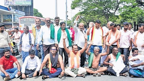 Farmers protest against the Cauvery Water Regulation Committee’s directives, in Mandya on Tuesday.