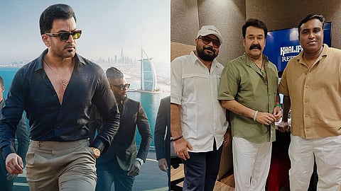 Prithviraj in a poster for Khalifa (L) and Mohanlal with the film's team (R)