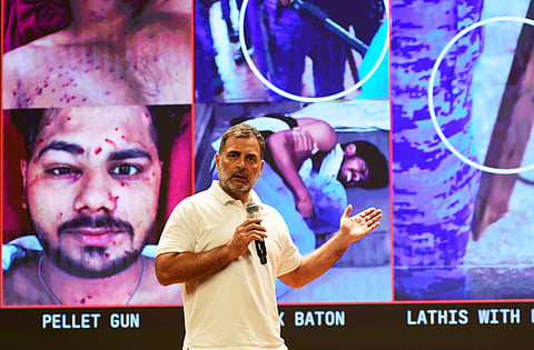 Lok Sabha LoP Rahul Gandhi during a press conference at the Party Office, in New Delhi on Wednesday.