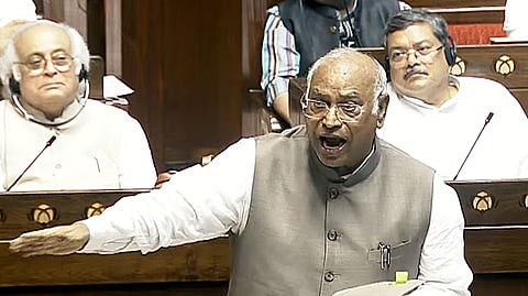 Rajya Sabha LoP Mallikarjun Kharge speaks in Rajya Sabha during the Monsoon Session of Parliament, in New Delhi on Thursday, July 30, 2026.