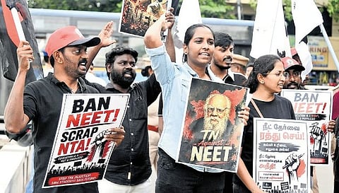 Members of Tamil Nadu Student Youth Federation staging a protest demanding a ban on NEET at Egmore in Chennai on Sunday.