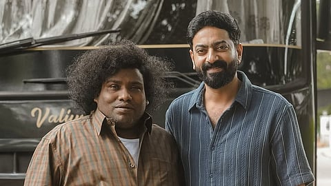 Yogi Babu (L) and Saiju Kurup (R) from the sets of Harivarasanam