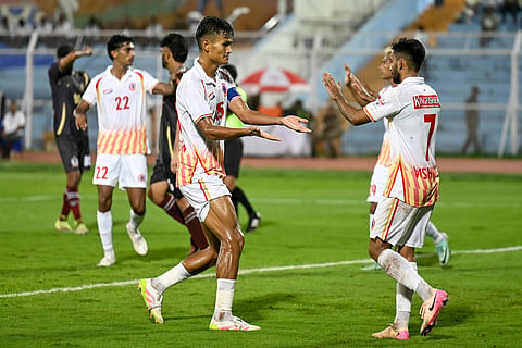 East Bengal players celebrate against CISF Protectors on Friday