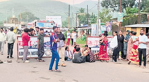 Irate locals blocking the NH-26 near Bariniput in Koraput on Friday, July 31, 2026.